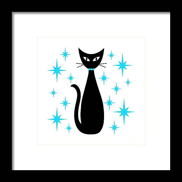 Mid Century Modern Framed Print featuring the digital art Mid Century Cat with Turquoise Starbursts by Donna Mibus