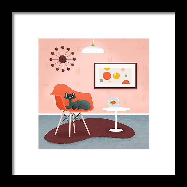 Painting Framed Print featuring the painting Midcentury Coral Decor With Black Cat And Gold Fish by Little Bunny Sunshine