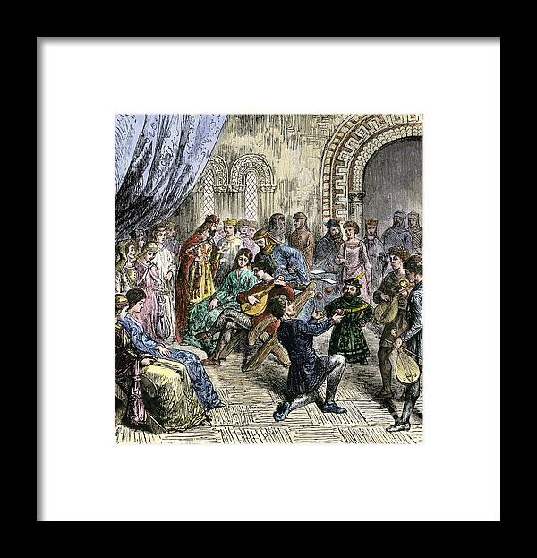 Middle Framed Print featuring the drawing Middle Ages Minestrels And Jugglers Of The Court 19th Century Colour Engraving by American School
