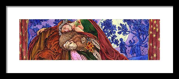 Girl With Flowers Around Her Head Rests On A Camel Framed Print featuring the painting Midsummer?s Night Dream by Wendy Edelson