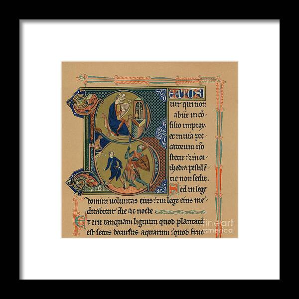 Circa 13th Century Framed Print featuring the drawing Miniature Initial And Part Of A Page by Print Collector