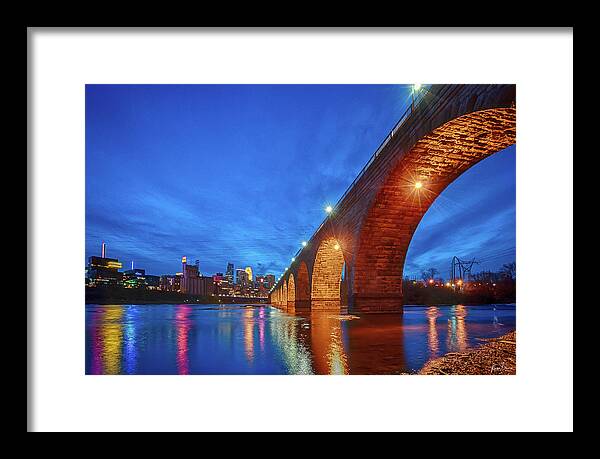 Night Photography Framed Print featuring the photograph Minneapolis Stone Arch Bridge Signed by Karen Kelm
