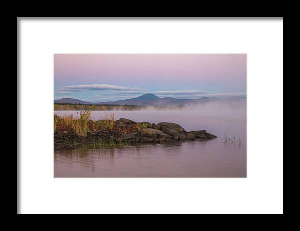 Misty Framed Print featuring the photograph Misty Autumn Lakeside Sunrise by White Mountain Images