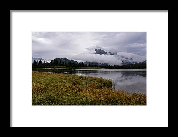 Banff Framed Print featuring the photograph Misty day on Vermillion Lake Banff Canada Alberta Clouds by Toby McGuire