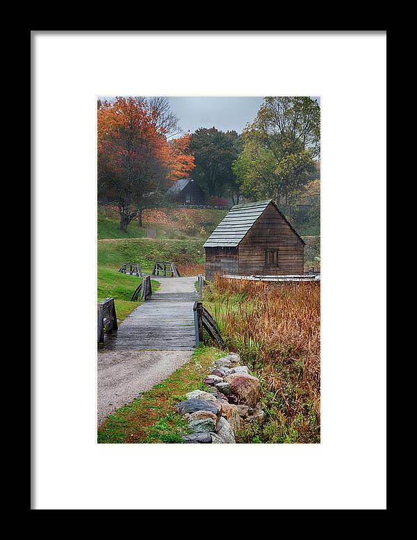 Autumn Foliage Massachusetts Framed Print featuring the photograph misty morning at Saugus Ironworks by Jeff Folger