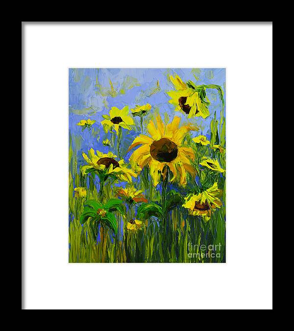 Sunflower Field Framed Print featuring the painting Misty Morning - Sunflower Field oil painting, landscape art by Patricia Awapara