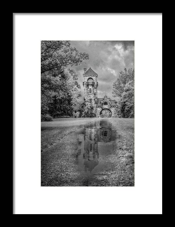 Hudson Valley Framed Print featuring the photograph Mohonk Preserve Gatehouse NY Fall BW by Susan Candelario