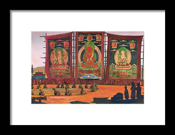 Celebrating Framed Print featuring the painting Mongolian Tsam Religious Ceremony by Nicholas Roerich