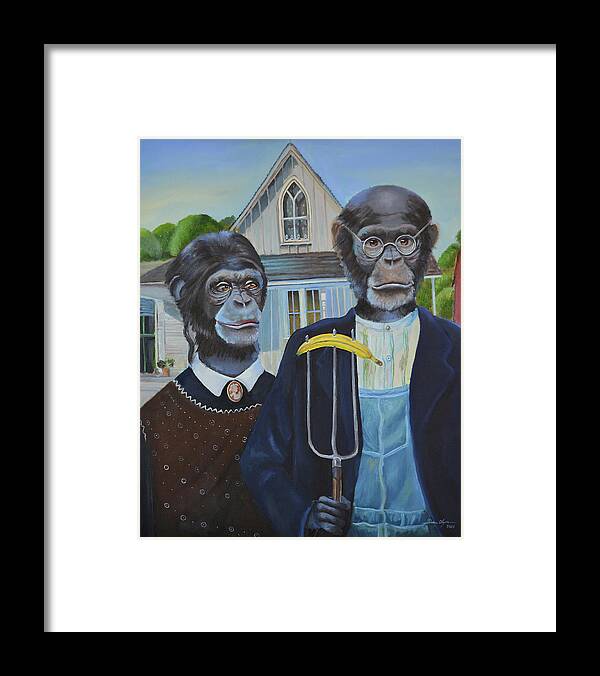 Monkey American Gothic
 Framed Print featuring the painting Monkey American Gothic by Sue Clyne