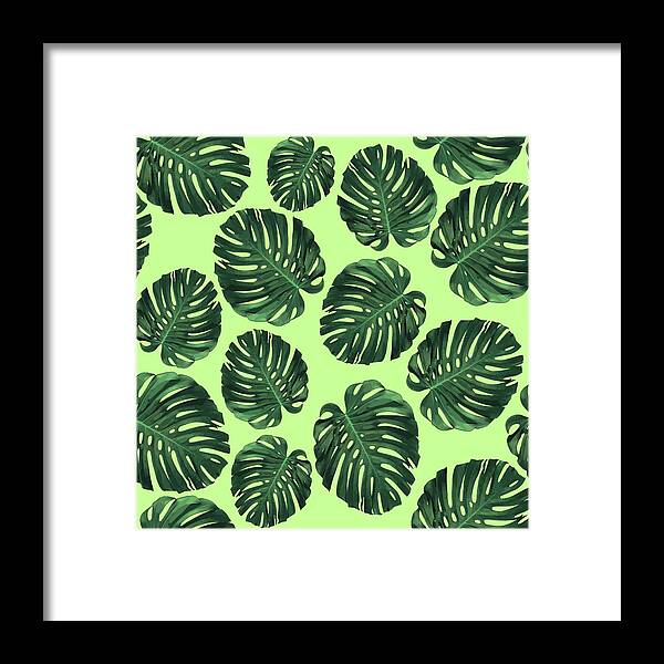 Monstera Framed Print featuring the mixed media Monstera Leaf Pattern - Tropical Leaf Pattern - Green - Tropical, Botanical - Modern, Minimal Design by Studio Grafiikka