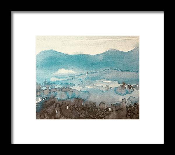 Moody Abstract Hills Framed Print featuring the painting Moody Blue Hills by Luisa Millicent