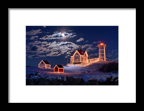 Moon Over Nubble Framed Print featuring the photograph Moon Over Nubble by Michael Blanchette Photography