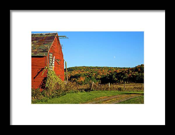 Vermont Red Barn Framed Print featuring the photograph Moon rise over Vermont foliage on the farm by Jeff Folger