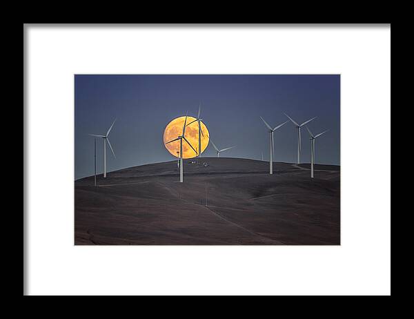  Framed Print featuring the photograph Moonrise Over Windmills by Bill Wang