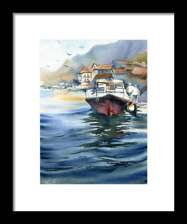 Watercolor Boat Framed Print featuring the painting Morning At The Bay by Dora Hathazi Mendes