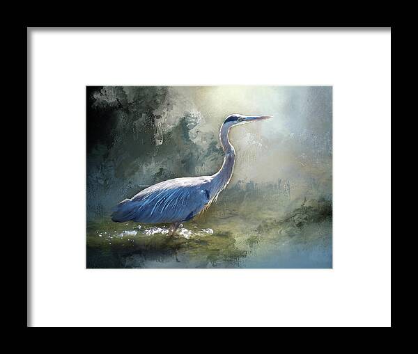 Blue Heron Painting Framed Print featuring the painting Morning Blues - Heron by Jeanette Mahoney