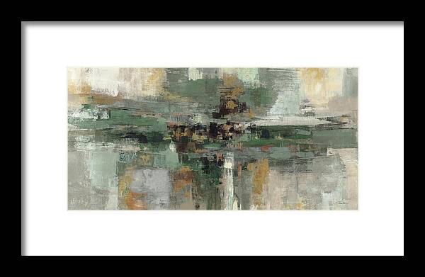 Abstract Framed Print featuring the painting Morning Fjord Rifle Green by Silvia Vassileva