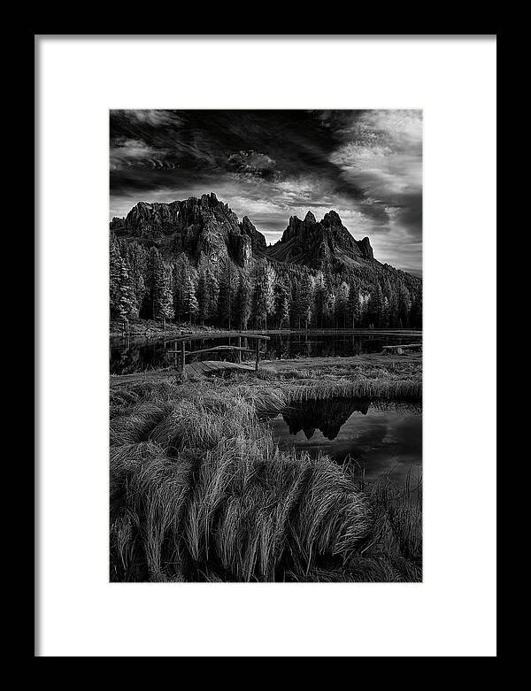  Black And White Framed Print featuring the photograph Morning Sky in the Dolomites by Jon Glaser