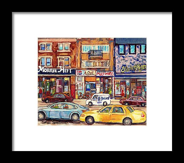 Montreal Framed Print featuring the painting Morrie Heft Elizabeth Hager Le Chef Jj Joubert On Queen Mary Rd Stores C Spandau Montreal by Carole Spandau