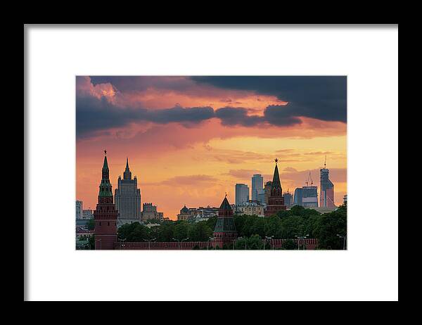 Outdoors Framed Print featuring the photograph Moscow Skyline At Dusk by Jon Hicks
