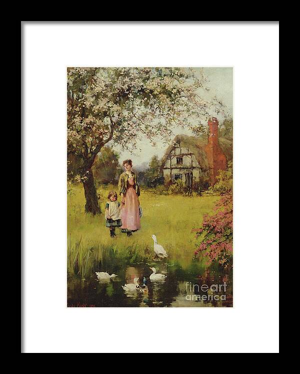 King Framed Print featuring the painting Mother and Child Watching the Ducks by Henry John Yeend King