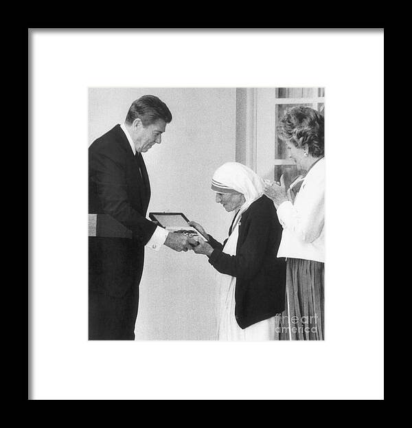 Working Framed Print featuring the photograph Mother Teresa Receives Medal Of Freedom by Bettmann