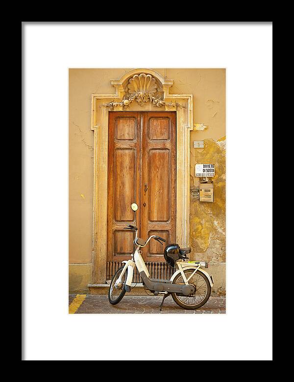 Crash Helmet Framed Print featuring the photograph Motorcycle Parked In Front Of Wooden by Caracterdesign