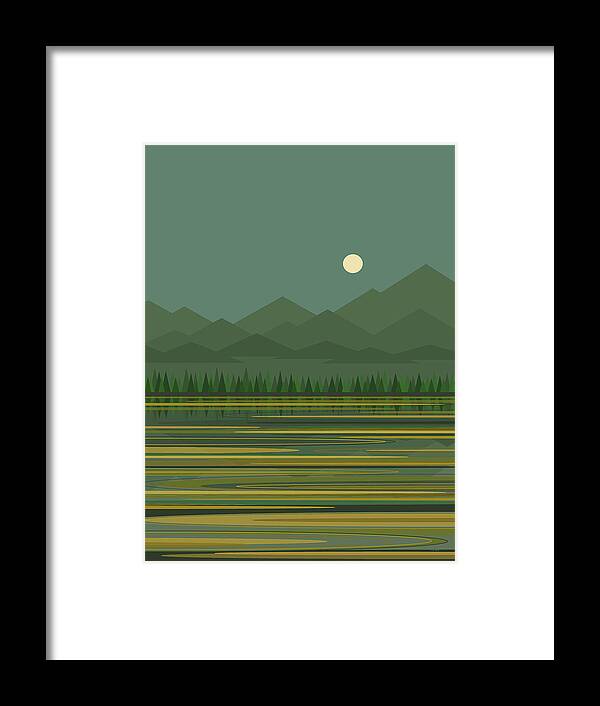 Mountain Lake Moon Framed Print featuring the digital art Mountain Lake Moon by Val Arie
