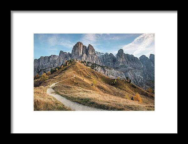 Dolomites Framed Print featuring the photograph Mountain landscape of the picturesque Dolomites at Passo Gardena by Michalakis Ppalis