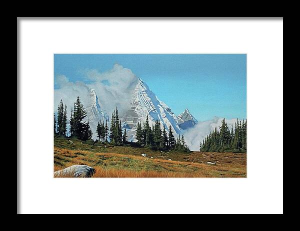 Snow Capped Mountains Framed Print featuring the painting Mountain Mists by Ron Parker