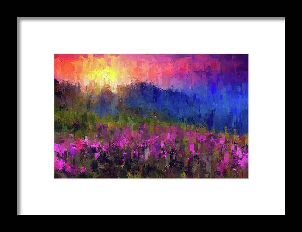 Mountain Framed Print featuring the painting Mountain sunset by Vart Studio