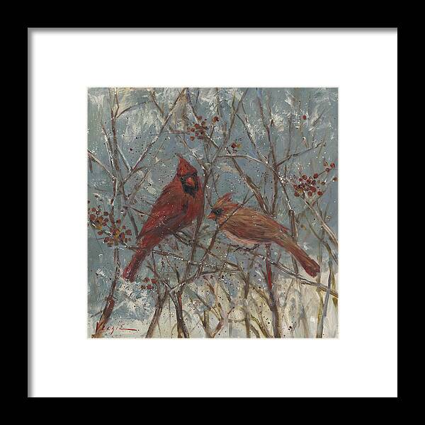 Mr And Mrs Cardinal Framed Print featuring the painting Mr And Mrs Cardinal by Mary Miller Veazie