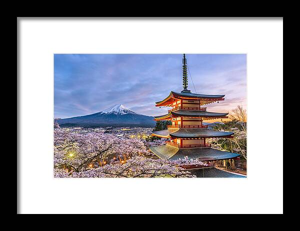 Trees Framed Print featuring the photograph Mt. Fuji And Temple Pagoda by Sean Pavone