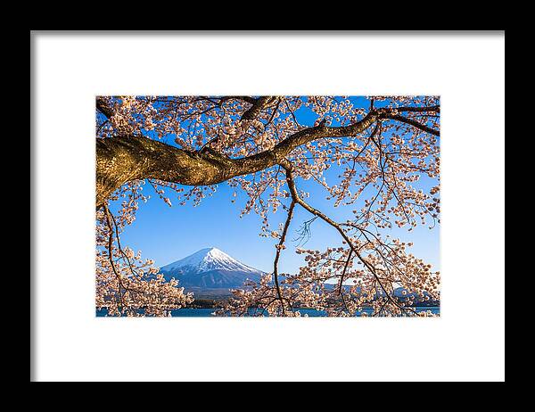 Landscape Framed Print featuring the photograph Mt. Fuji, Japan On Lake Kawaguchi by Sean Pavone