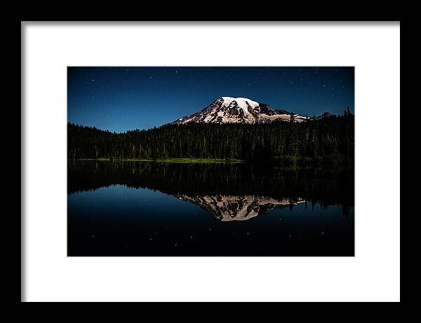 Mt. Rainier Framed Print featuring the pyrography Mt. Rainier and Reflection Lake by Yoshiki Nakamura