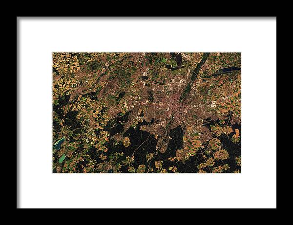 Satellite Image Framed Print featuring the digital art Munich, Germany from space by Christian Pauschert