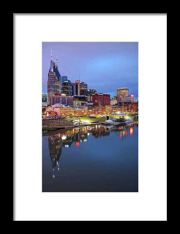America Framed Print featuring the photograph Nashville Skyline On the Cumberland River by Gregory Ballos
