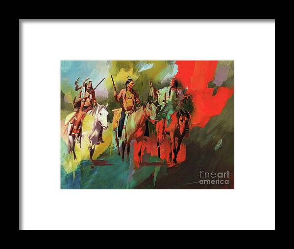 Native American Indian Framed Print featuring the painting Native American on Horses by Gull G