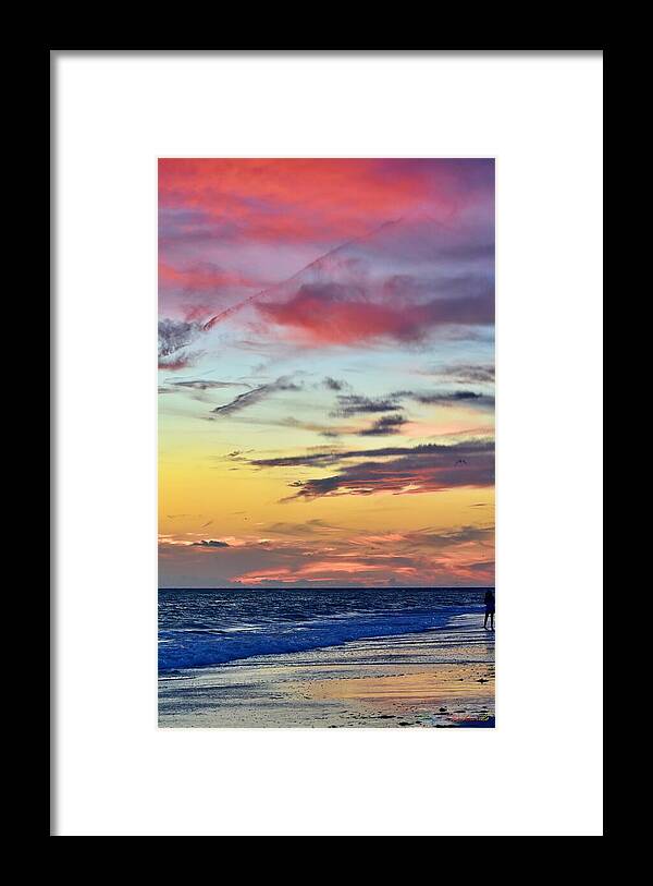 Lido Beach Sarasota Florida Sunset Families Enjoying Celebration July 4th Sand Sun Waves Clouds Beauty Orange Red Blue Gray Black Darkness Framed Print featuring the photograph Natures Fireworks Vertical by Gary F Richards