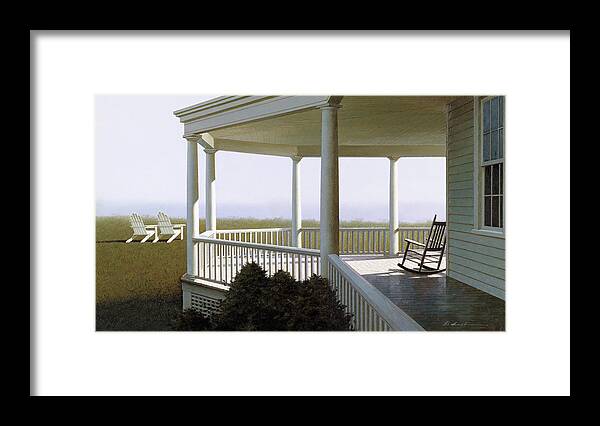 Covered Porch With A Rocking Chair Overlooking The Lawn Where Two Other Chairs Sit Framed Print featuring the painting New Porch by Zhen-huan Lu
