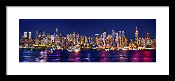 New York City Skyline At Night Framed Print featuring the photograph New York City NYC Midtown Manhattan at Night by Jon Holiday