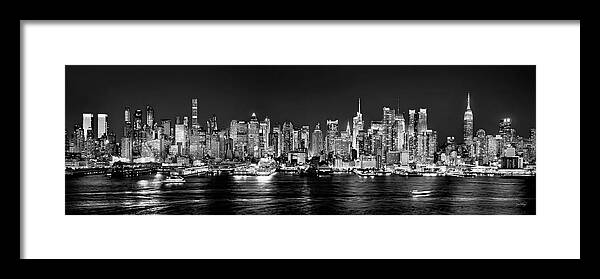 New York City Skyline At Night Framed Print featuring the photograph New York City NYC Skyline Midtown Manhattan at Night Black and White by Jon Holiday