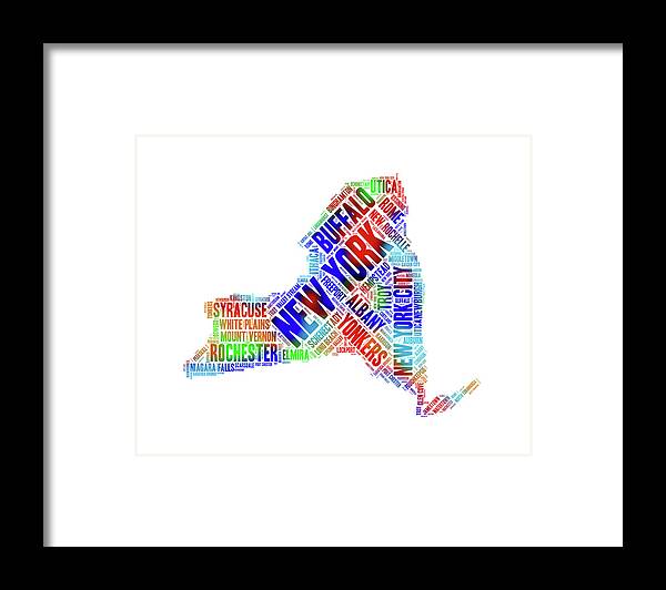 New York Framed Print featuring the digital art New York State Colorful Cities Word Art by Peggy Collins