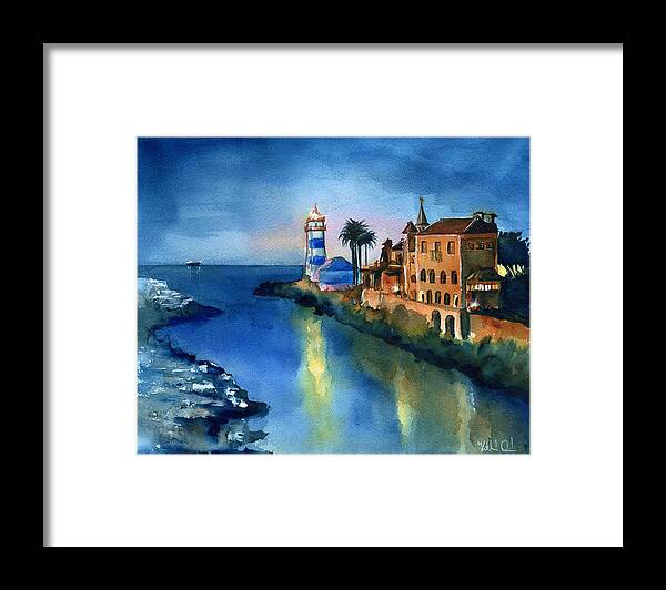 Portugal Framed Print featuring the painting Nightfall in Cascais Portugal by Dora Hathazi Mendes