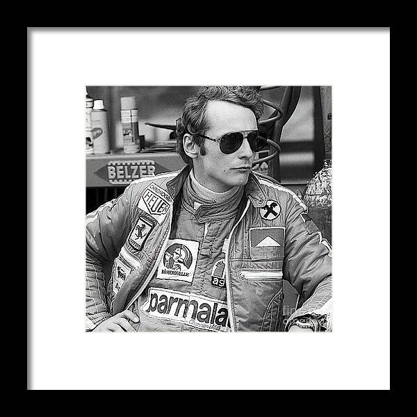 Vintage Framed Print featuring the photograph Niki Lauda In Race Uniform In Paddock by Retrographs
