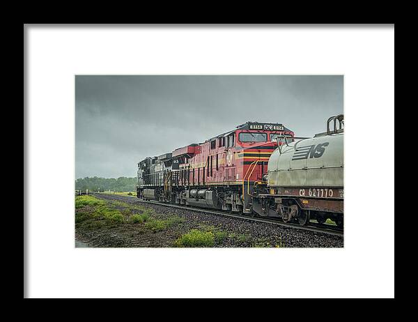 Railroad Framed Print featuring the photograph Norfolk Southern Heritage Unit 8114 trails behind NS 9318, on 60A, as it heads toward Huntingburg IN by Jim Pearson