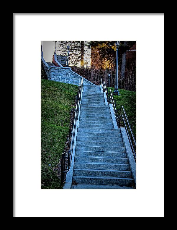 Centennial Stairs Framed Print featuring the photograph Norwich University Centennial stairs with Dates by Jeff Folger