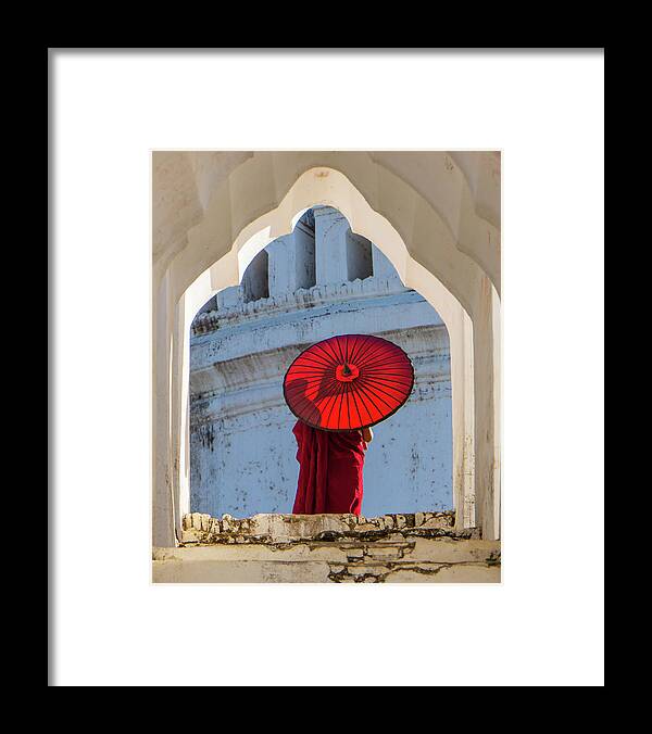 Boy Framed Print featuring the photograph novice monk at Burmese temple by Ann Moore