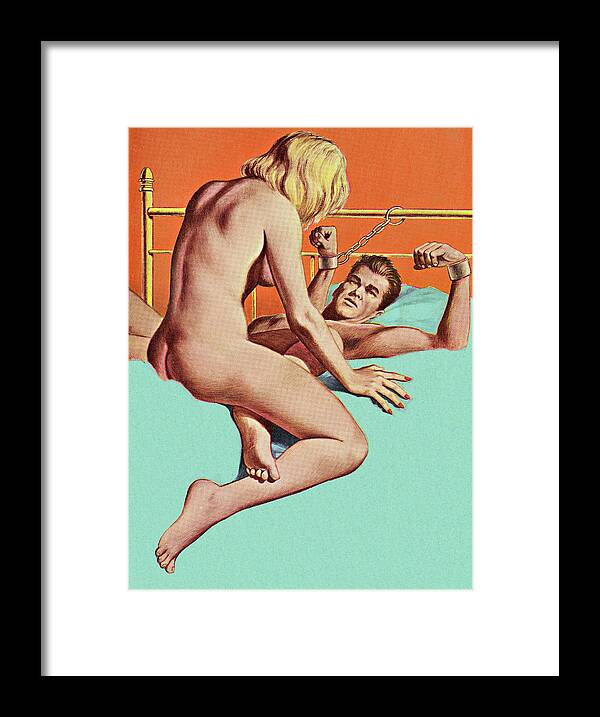 Adult Framed Print featuring the drawing Nude Couple in Bed With Handcuffs by CSA Images