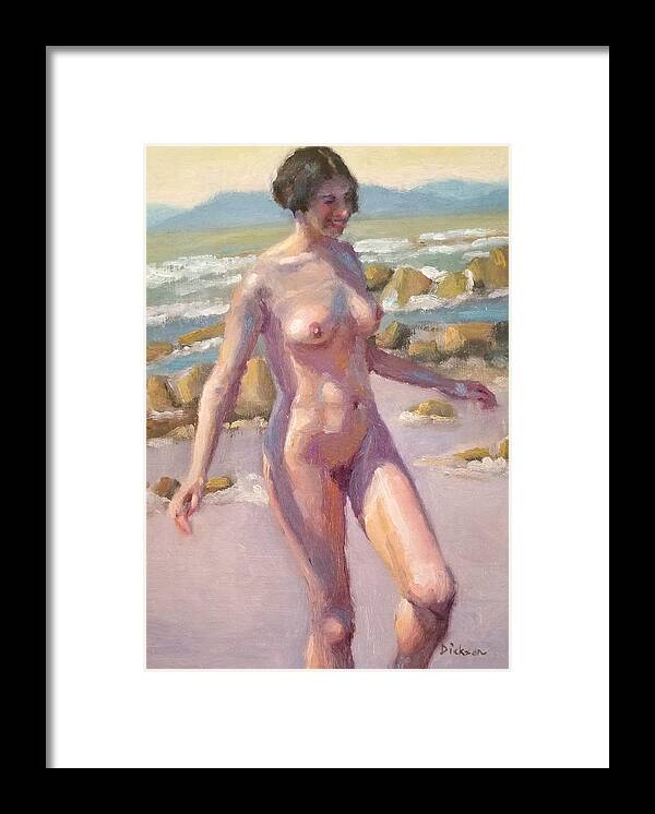Joaquin Sorrola Framed Print featuring the painting Nude on beach by Jeff Dickson